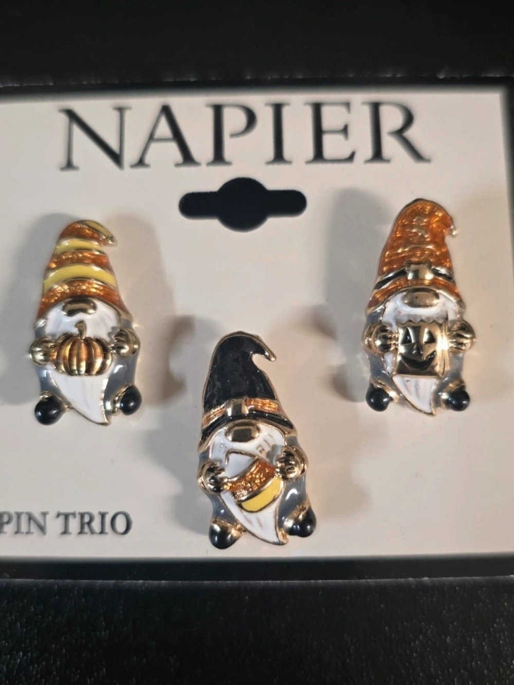 Napier Halloween Gnome Pin Trio - Black, Orange, Gold - Picture 2 of 3